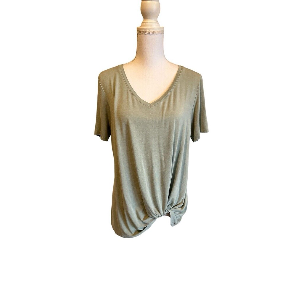 Matty M Women's L Sage Green V Neck Twist Front Shirt Top Rayon Stretch Large